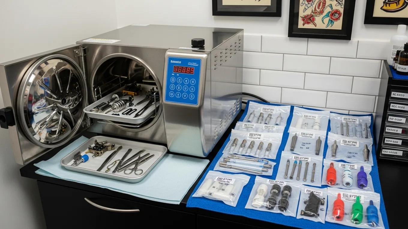 Autoclave machine in a tattoo studio with sterilized tools, emphasizing infection prevention