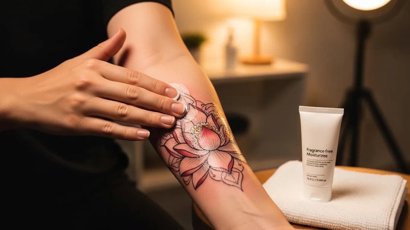 Client applying moisturizer to a freshly inked tattoo at home, highlighting the importance of aftercare practices