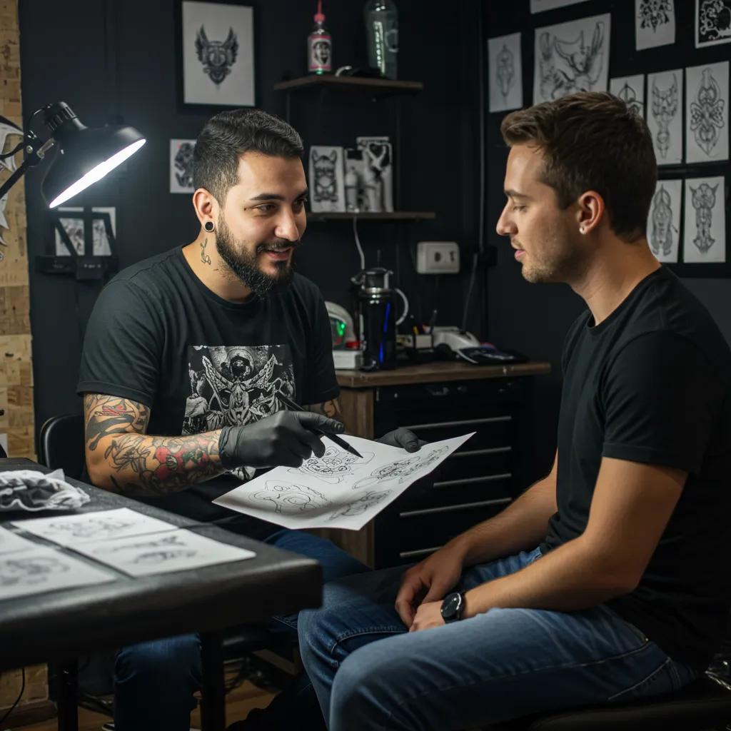 Client discussing tattoo design ideas with an artist during a consultation in a cozy studio