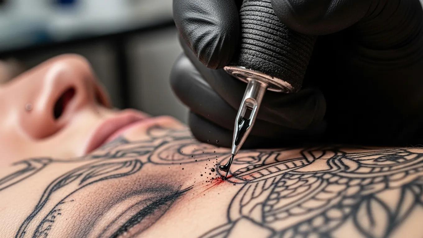 Close-up of a tattoo needle in action on skin, illustrating the tattooing process and pain management techniques