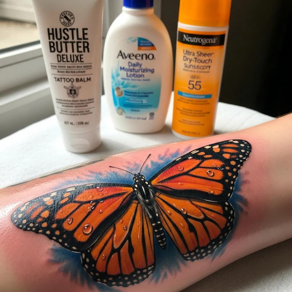 Close-up of a vibrant realism tattoo with aftercare products highlighting maintenance importance