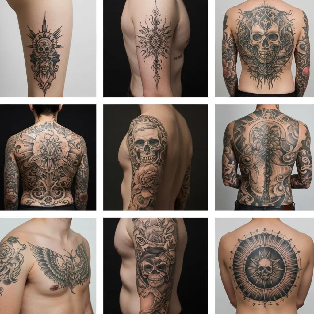 Collage of diverse tattoo styles including fine line, realism, blackwork, and cover-ups on different body parts