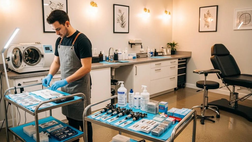 Hygienic tattoo studio interior with sterilized equipment and a tattoo artist preparing for a session