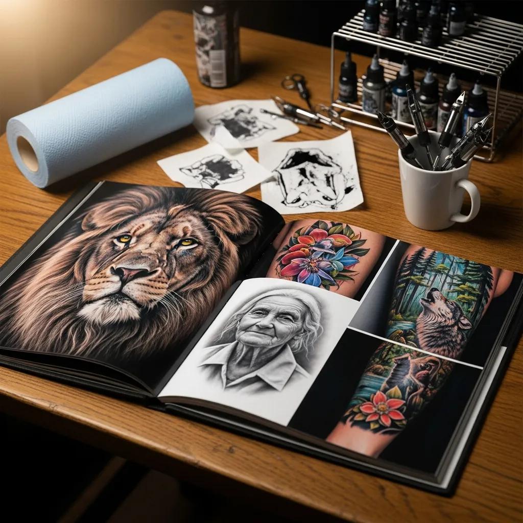 Open tattoo portfolio showcasing high-quality realism tattoo photographs in a professional studio