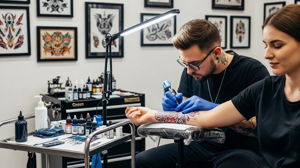 Person getting their first tattoo in a professional studio, showcasing the tattooing process and artistic design
