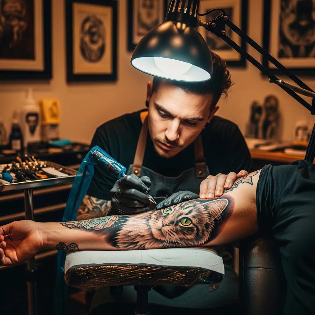 Tattoo artist creating a lifelike pet portrait tattoo in a professional studio setting