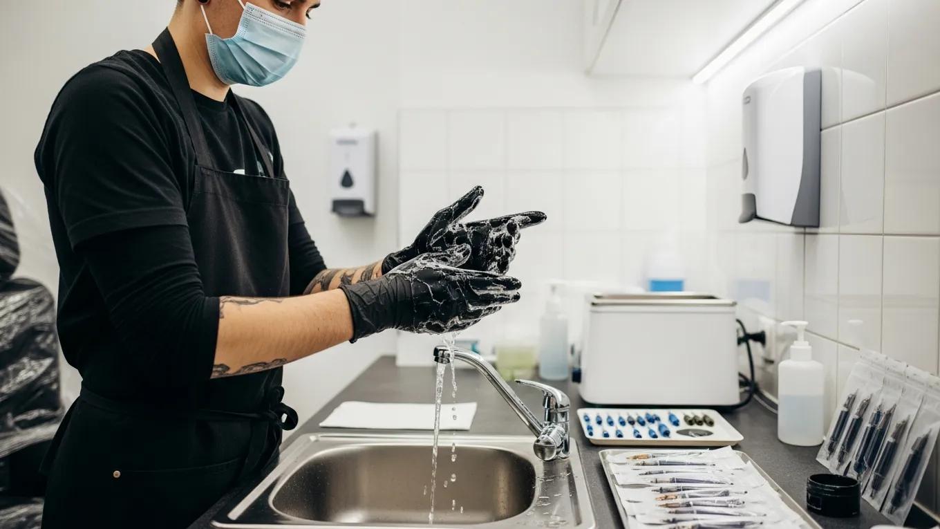 Tattoo artist in PPE preparing for a session, showcasing hygiene protocols and client health protection