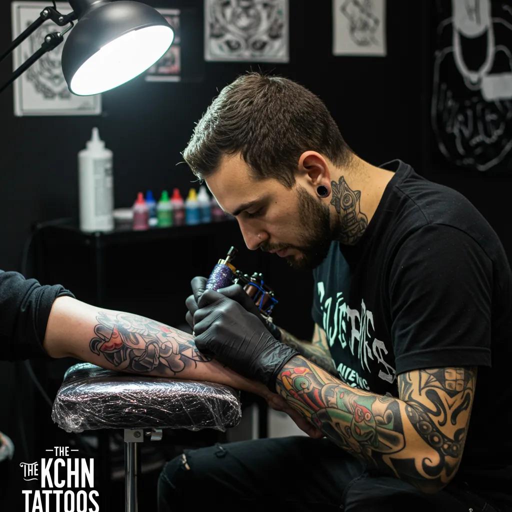 Tattoo artist working on a client's arm in a modern studio, showcasing custom tattoo artistry