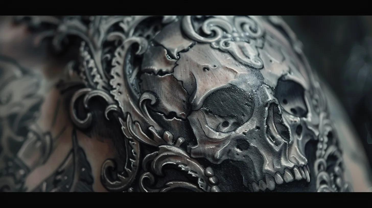 Close-up of a detailed black and grey realism tattoo showcasing intricate shading techniques
