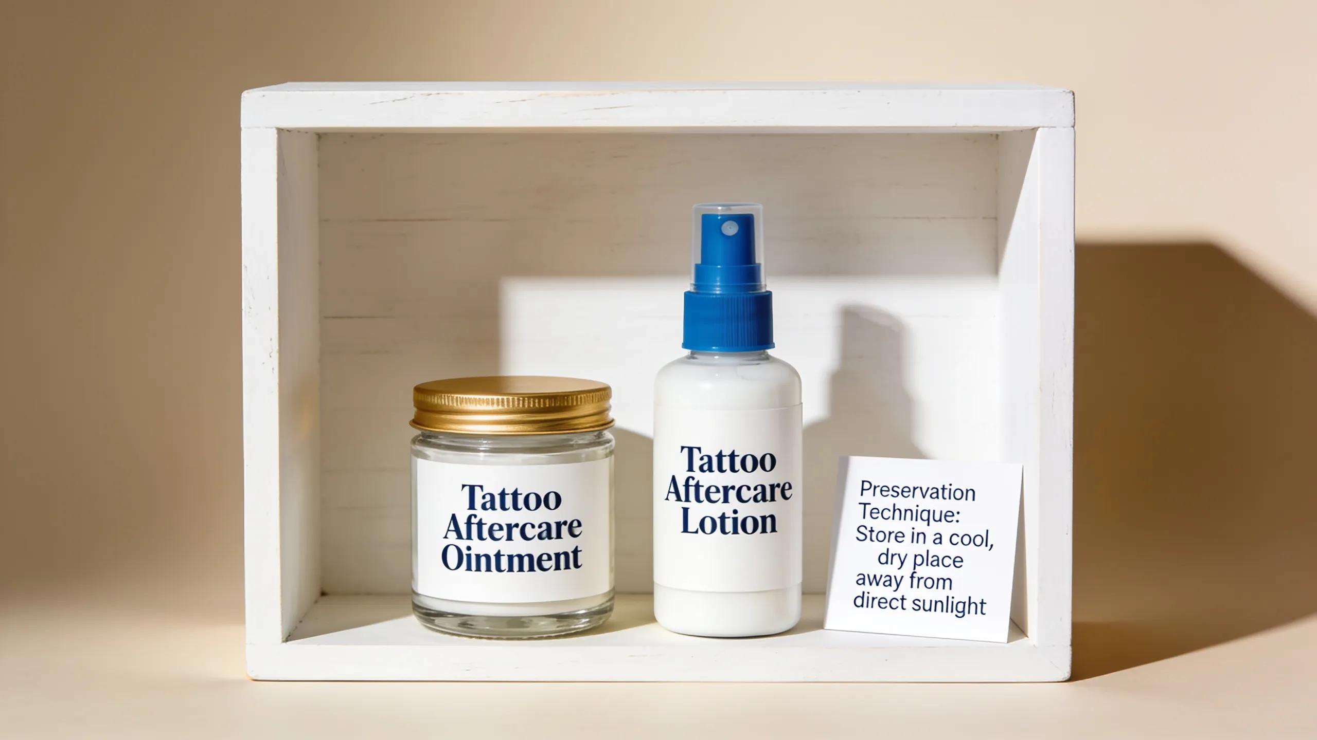 Display of tattoo aftercare products including ointments and lotions, emphasizing preservation techniques