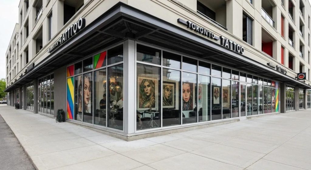 Exterior view of a Toronto tattoo studio specializing in realism tattoos, showcasing modern architecture and artwork