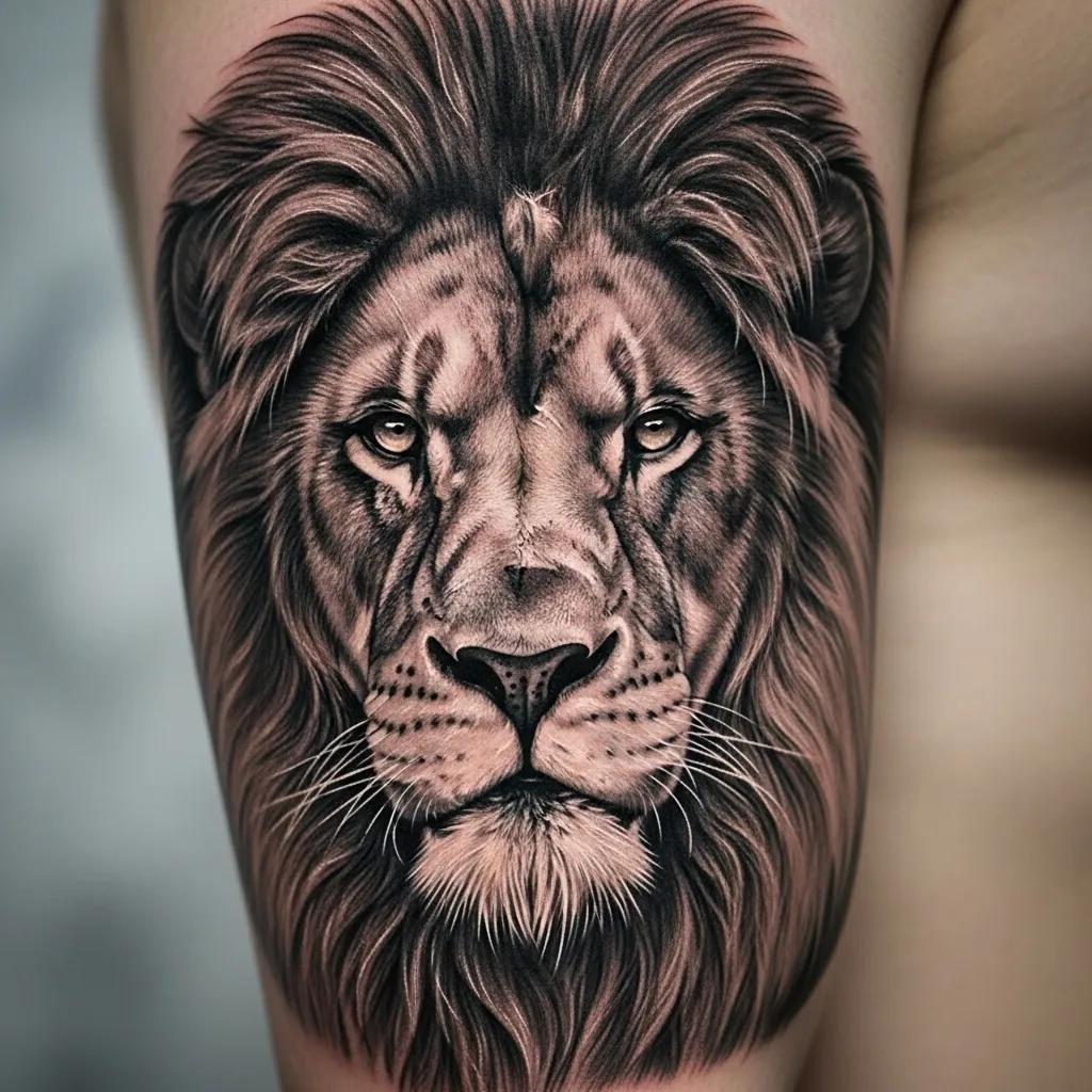 Close-up of a black-and-grey realism lion tattoo showing fine shading and contrast