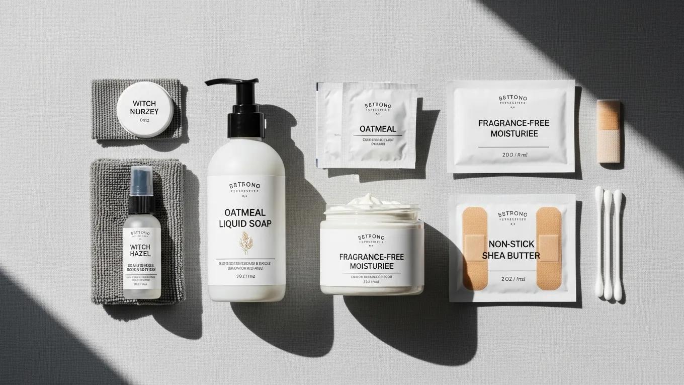 Flat lay of tattoo aftercare products including soap, moisturizer, and bandages