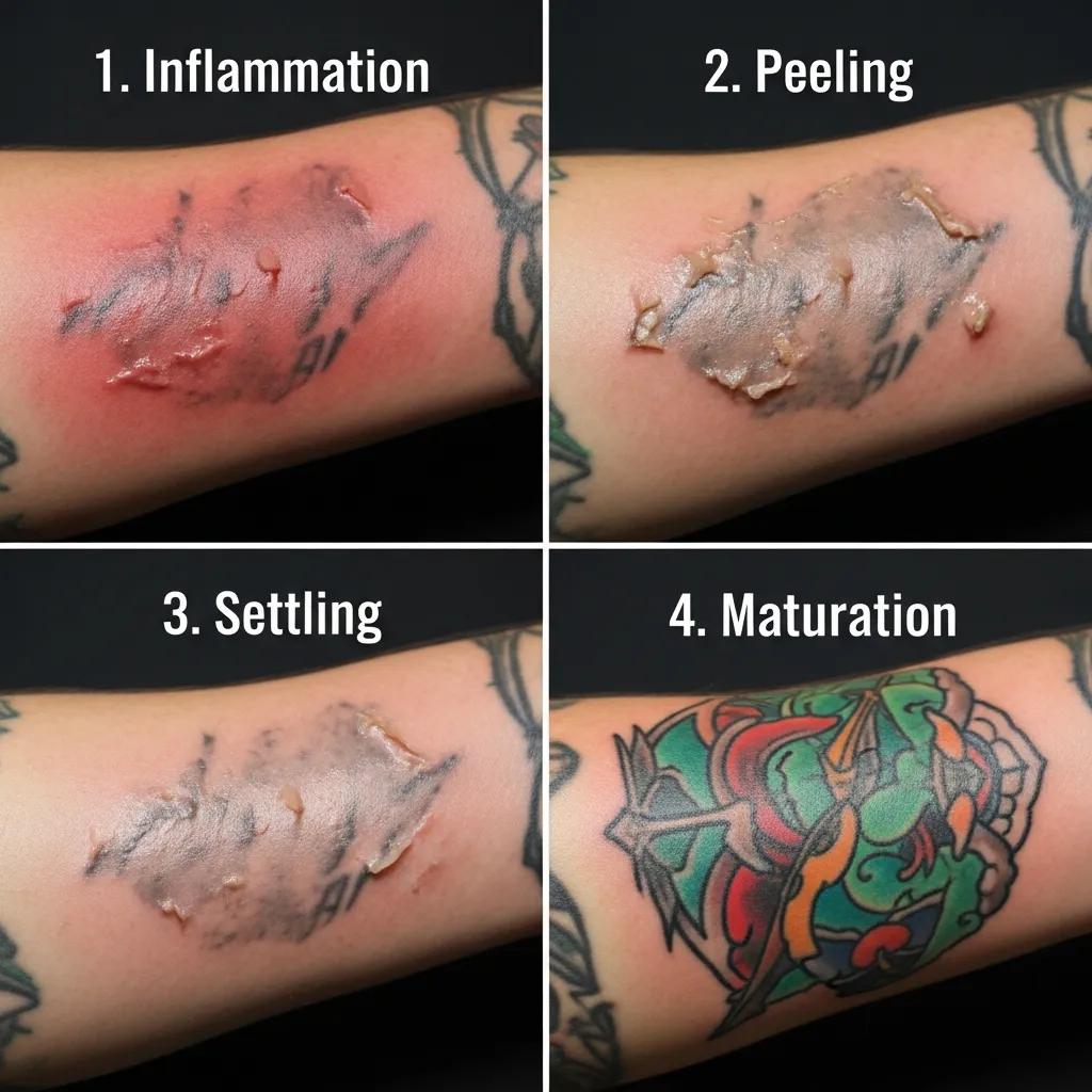 Illustration of tattoo healing stages showing inflammation, peeling, settling, and maturation