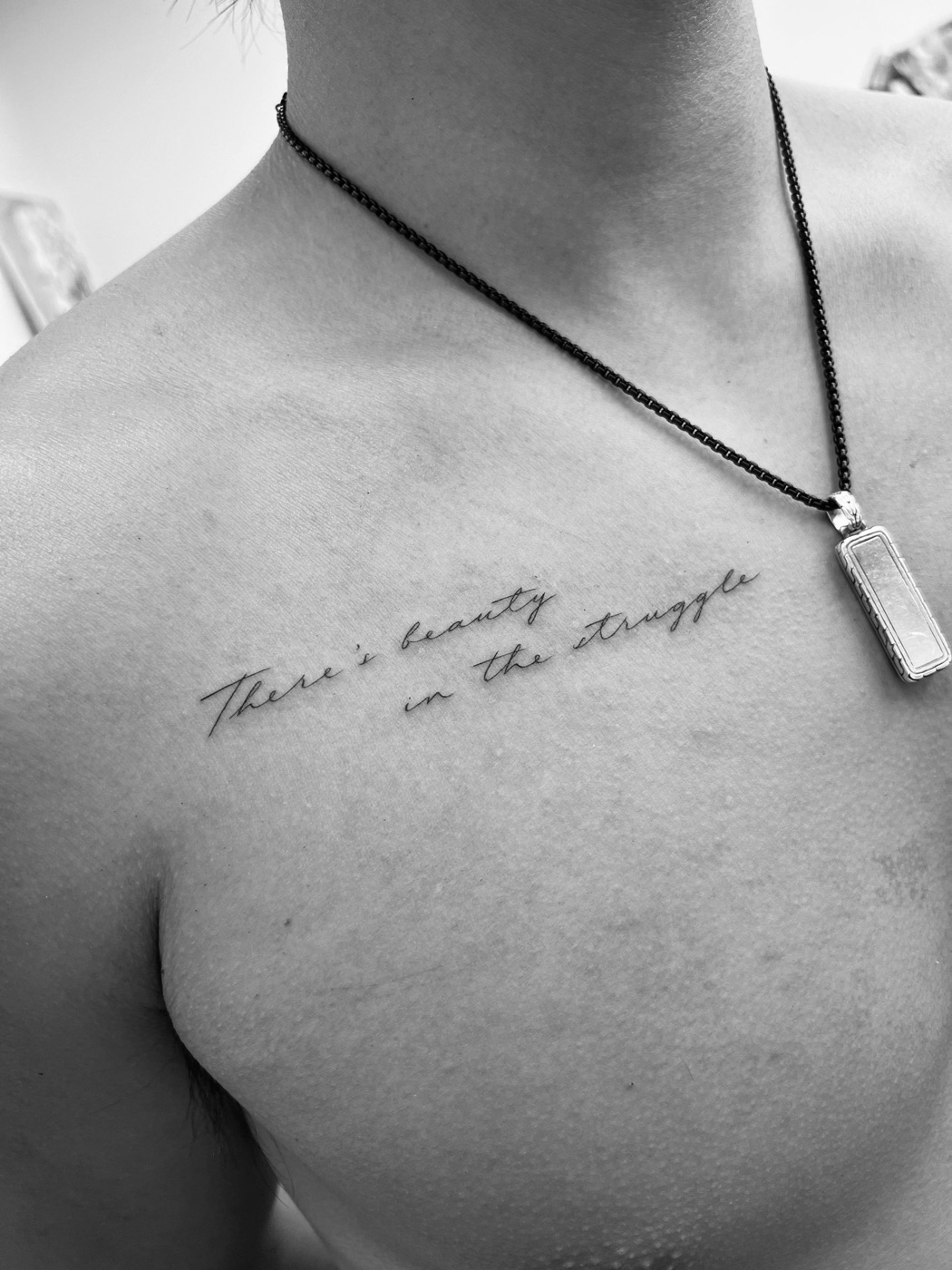 Fine line tattoo Agincourt clients chose: collarbone script by The KCHN Tattoos