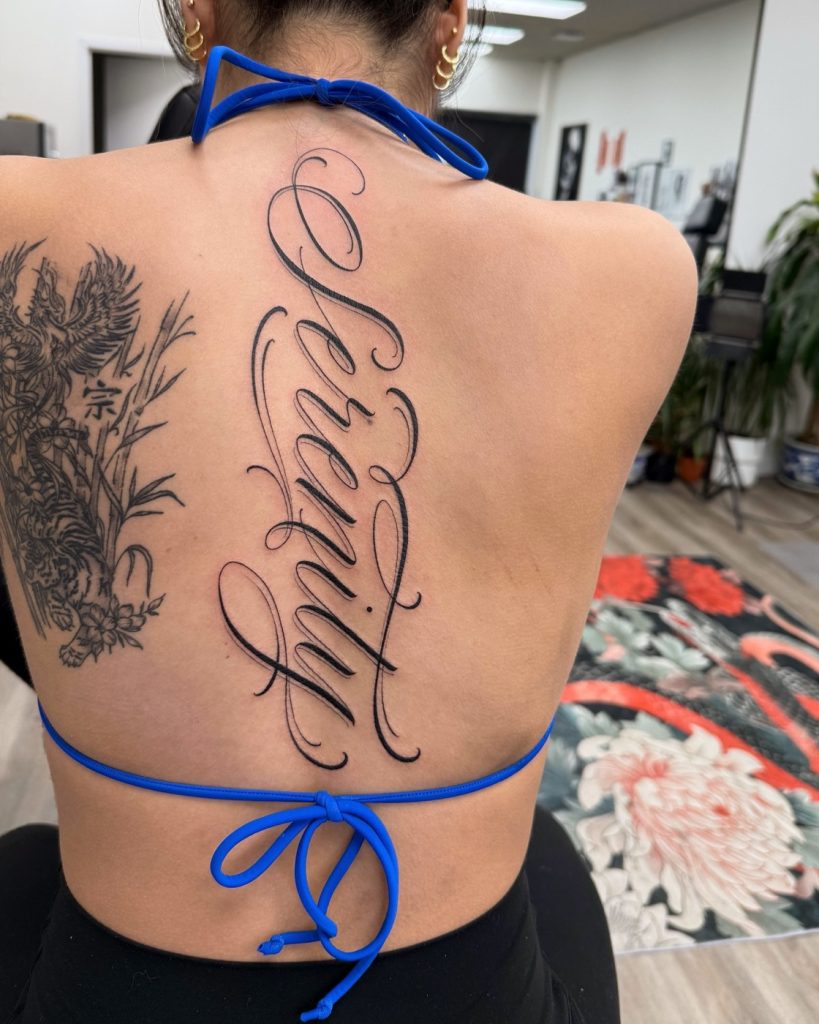 Fine line serenity script tattoo by The KCHN Tattoos, Scarborough