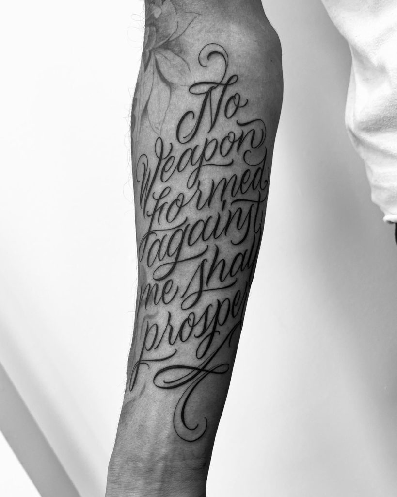 Lettering script forearm tattoo by The KCHN Tattoos, Scarborough