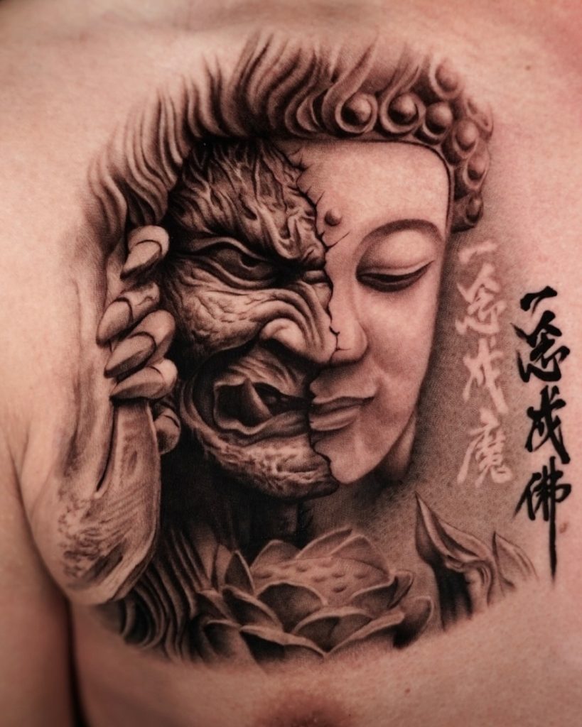 Black and grey realism buddha demon chest tattoo by The KCHN Tattoos, Scarborough