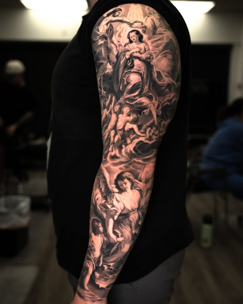 Black and grey realism full sleeve tattoo by The KCHN Tattoos, Scarborough