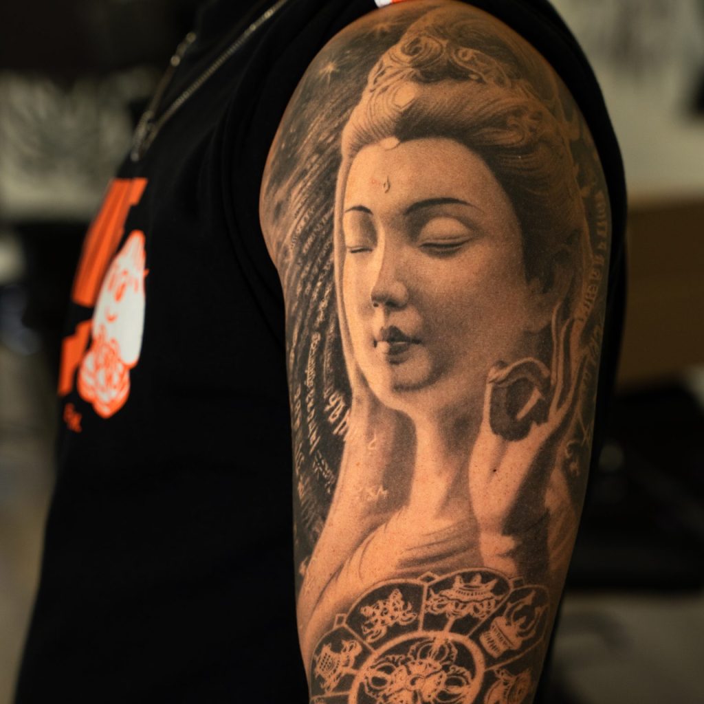 Black and grey realism geisha shoulder tattoo by The KCHN Tattoos, Scarborough