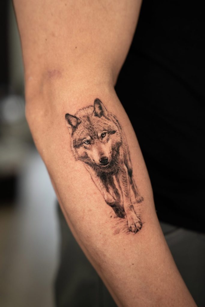Black and grey realism wolf forearm tattoo by The KCHN Tattoos, Scarborough
