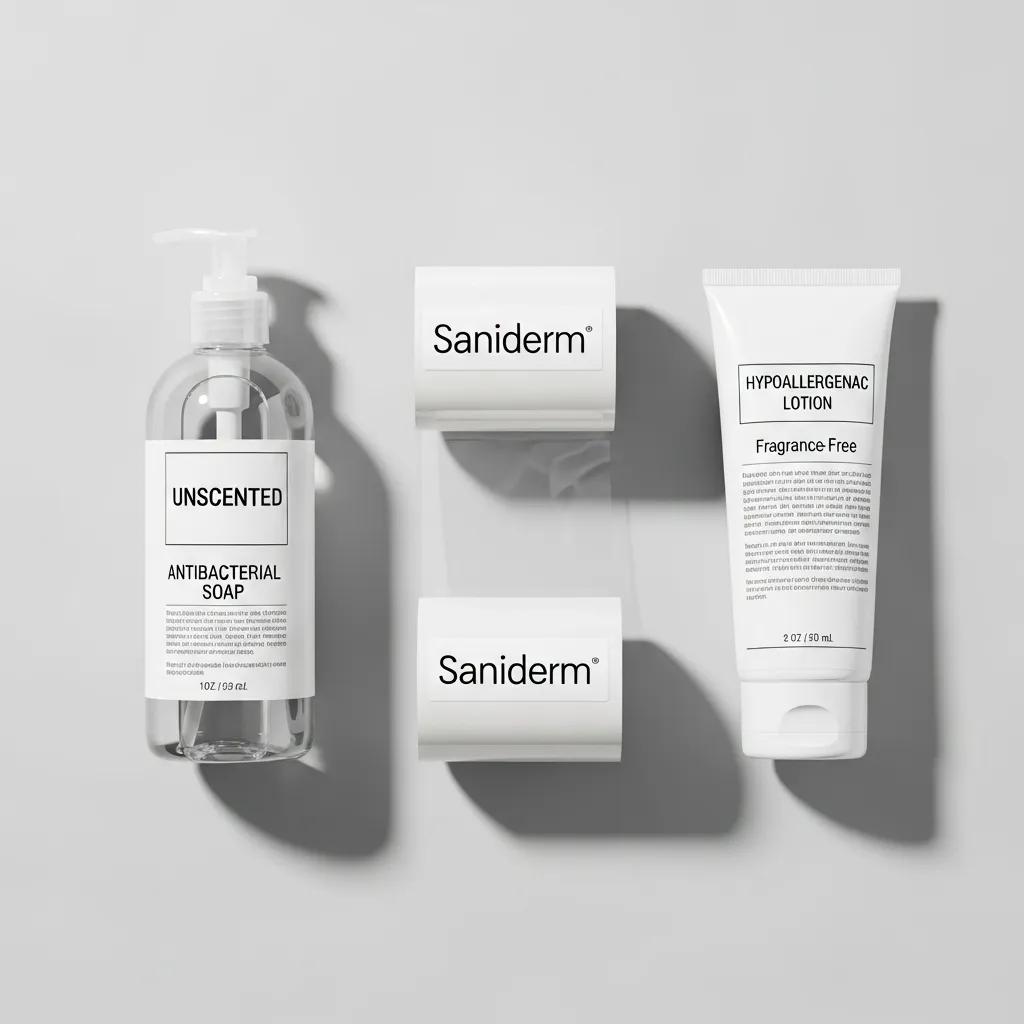 Recommended tattoo aftercare products including Saniderm, antibacterial soap, and lotion