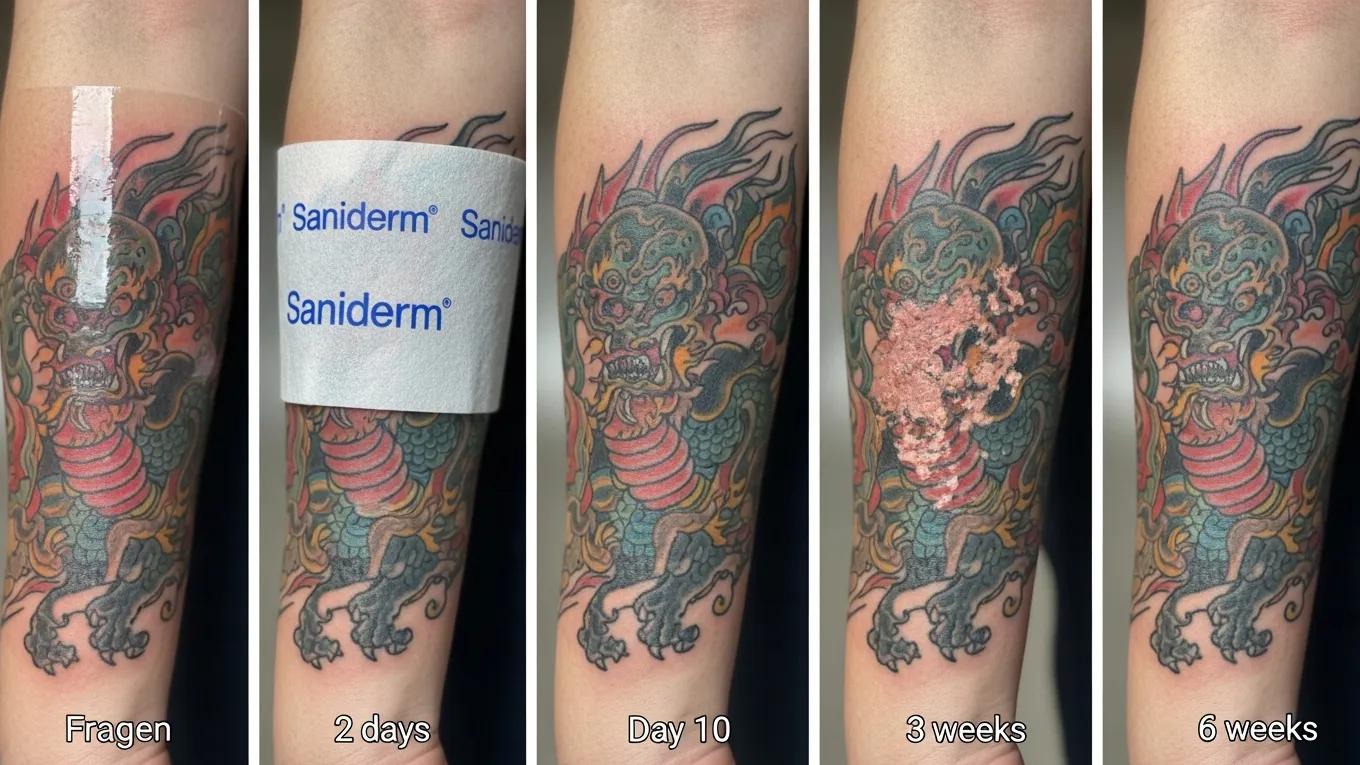 Visual representation of tattoo healing stages on skin, highlighting aftercare practices